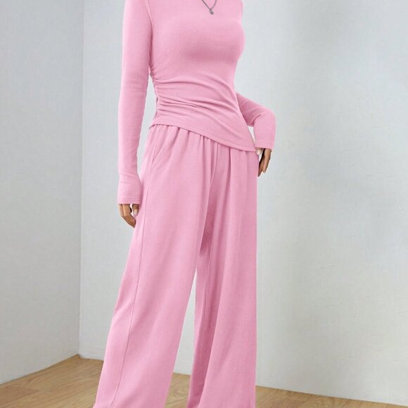 Pink Casual Women's Long Sleeve Blouse And Pants Set - Picture 5 of 6